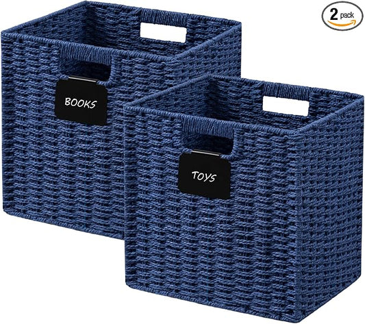 UBBCARE 2 Pack Wicker Basket, 10.5×10.5 Storage Cubes with Label, Foldable Cube Storage Bin with Handle, Square Storage Basket for Shelves, Woven Paper Rope Basket for Organizing, Blue by UBBCARE