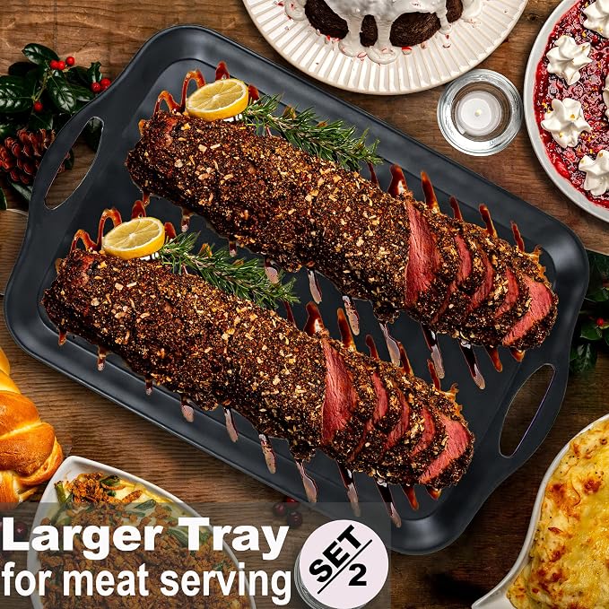 ECOIOU 20x13 inch Extra Large Serving Tray with Handles, Set of 2, Black | Melamine Platters for Serving Food, Turkey, Cookie, Rectangular Trays for Eating, Raised Dots Matt Finished, Dishwasher Safe - Image 3