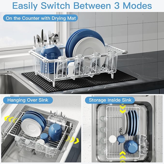 JASIWAY White Dish Drying Rack in Sink with Mat, Cups and Utensil Holder | Use Over the Sink or Counter, Stainless Steel Expandable Dish Drainer for Small Kitchen, Space Saving, Fast Drain, Rustproof - Image 2