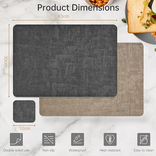 Pack of 6 KitchenBoss Reversible Placemats and Coasters for Table - Black - Non-Slip & Washable - 43 x 30 cm (Grey + Beige) - Image 2
