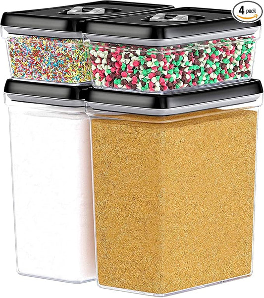 DWËLLZA KITCHEN Large Airtight Food Storage Containers - Clear Plastic Bulk Food Pantry & Kitchen Storage Containers for Flour, Sugar and Baking Supplies 4 Pcs. BPA-Free, Keeps Fresh & Dry (Black) by DW%C3%8BLLZAKITCHEN