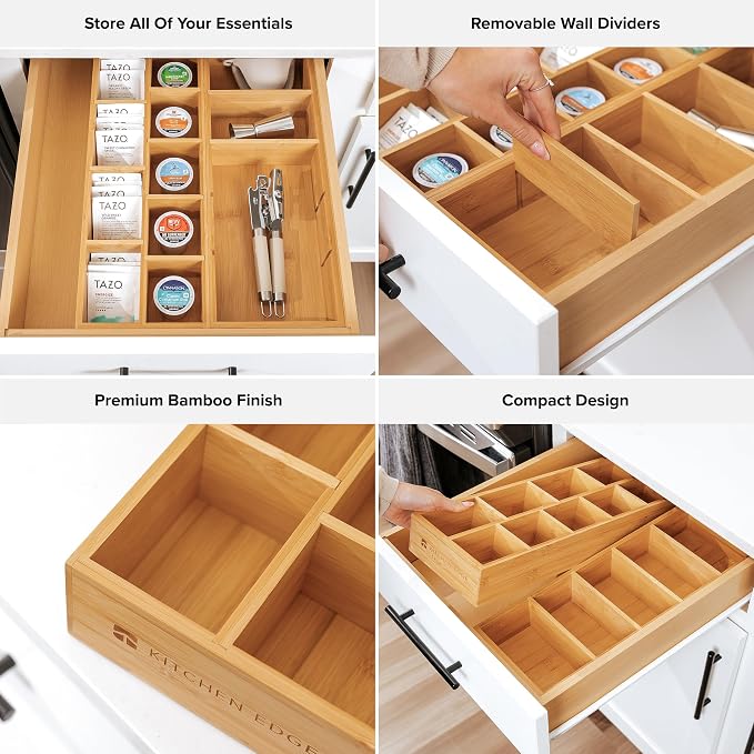 Utensil & Tea Bag Drawer Organizer, Bamboo | 14-compartment design, removable dividers, non-slip feet, sustainable bamboo - Image 3