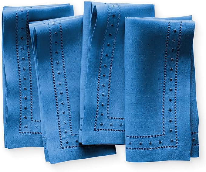 Linen Napkins Set of 4-100% Flax Linen Royal Blue Dinner Napkins with Embroidered Dot 18 x 18 inch - Hemstitch Cloth Napkins Washable for Summer and Wedding Decor by OlucioAuthentiqueHome