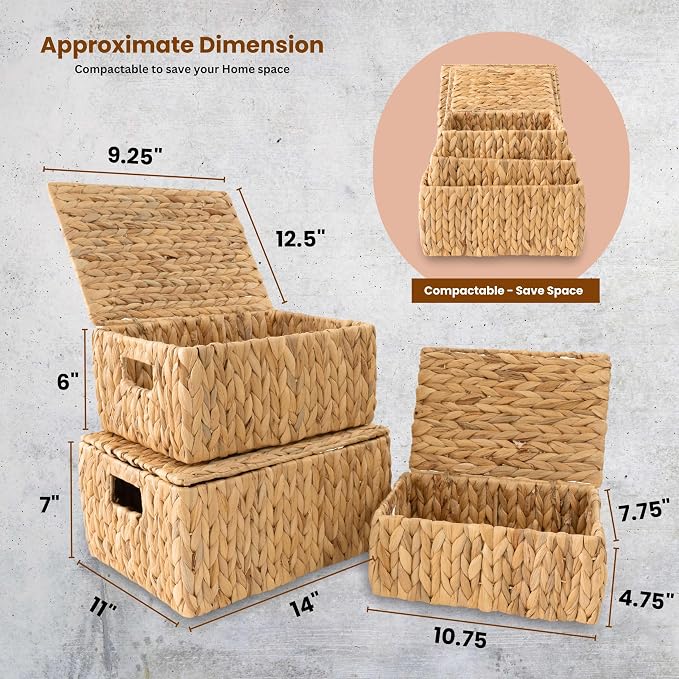 Wicker Storage Baskets with Lid, Set 3 Basket With Lid Decorative Storage Rectangle Wicker Storage Basket Large Rattan Storage Box Hyacinth Baskets - Image 2