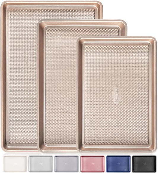 Baking Sheet Pan Set of 3, Cookie Sheets for Oven, Nonstick Half/Quarter/Jelly Roll Pans with Diamond Texture Pattern, 0.8mm Thick Heavy Duty Cookie Tray, Champagne Gold by HONGBAKE