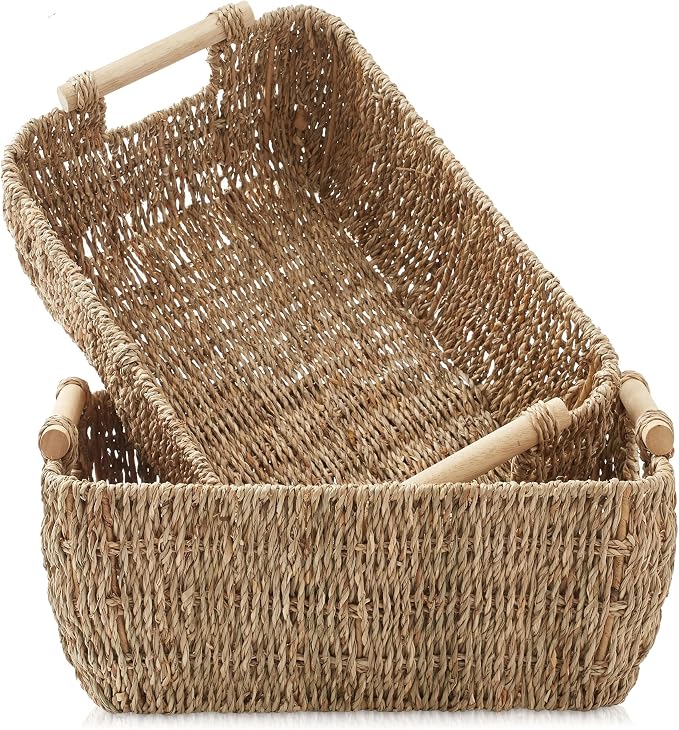 Casafield Set of 2 Seagrass Oval Storage Baskets with Wooden Handles - Medium, Woven Bin Organizers - Image 7