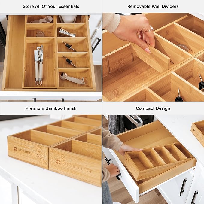 Utensil & Junk Drawer Organizer, Small, 2 Pack, Bamboo | 5-compartment design, 4 removable dividers, non-slip feet, sustainable bamboo - Image 3