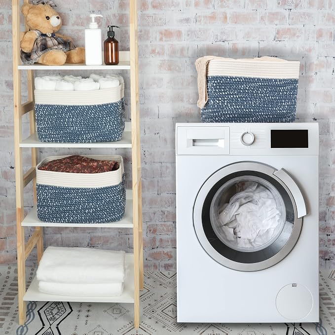 XUANGUO Woven Cotton Rope Storage Baskets 15x10x9.3" 3 Pack White and Blue | Decorative rectangular storage baskets for shelves and closets; storage bins organize clothes, toys, books and nursery items. - Image 6