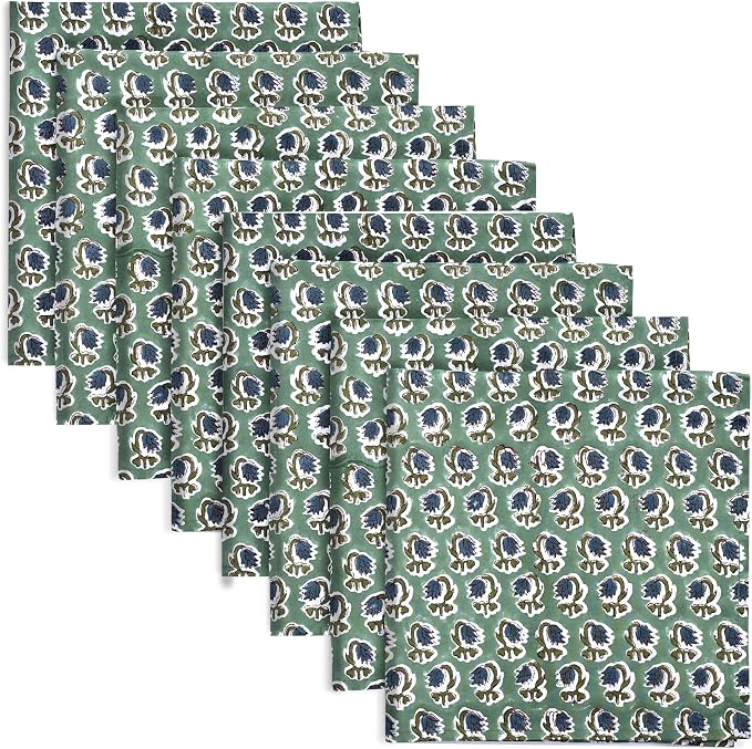 Basil Green Hand Block Print 100% Cotton Napkins 18" x 18" (Set of 8) Reuseable Kitchen Napkins Cloth Decor Dinner Party Wedding Cocktail Gift for Spring, Easter, Summer by Ridhi