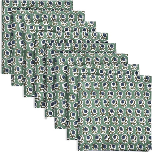 Basil Green Hand Block Print 100% Cotton Napkins 18" x 18" (Set of 8) Reuseable Kitchen Napkins Cloth Decor Dinner Party Wedding Cocktail Gift for Spring, Easter, Summer by Ridhi