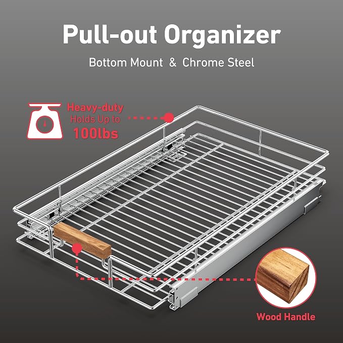 Mount Walker Pull Out Cabinet Organizer(14" W x 21" D), Heavy Duty Slide Out Pantry Shelves, Storage Shelf Drawer Basket for 15-1/4” Cabinet Opening, Pull Shelf Storage for Pots, Chrome - Image 2