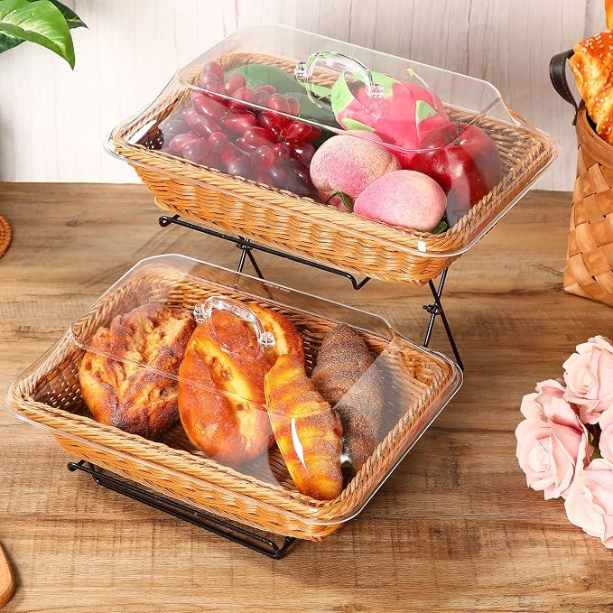 2 Pack Wicker Bread Basket for Serving, Imitation Rattan Bread Basket with Acrylic Lid and Metal Display Stand Rectangle Woven Fruit Basket with Cover for Food Display Tabletop 13.78 x 9.84'' by Ziliny