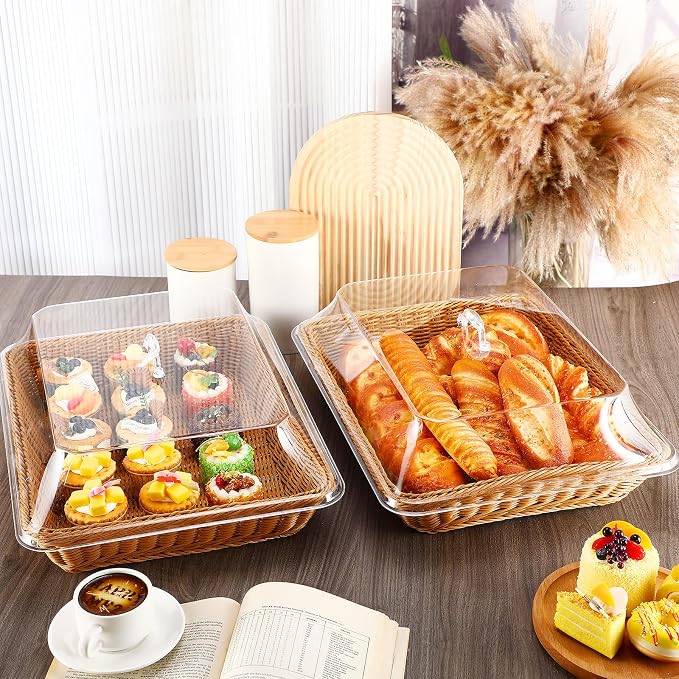 Mumufy 2 Pack Wicker Large Bread Basket with Acrylic Lid Housewarming Gift Woven Rectangular Imitation Rattan Fruit Basket with Cover for Serving Food Display Tabletop Home Kitchen(17.72x13.78'') - Image 6