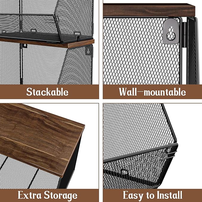 Stackable Fruit Basket for Kitchen Countertop Space Saving, Wall Mounted Mesh Metal Wire Basket with Wood Lid Extra Storage, 2 Pack Kitchen Counter Organizer for Snack, Onion and Potato Storage, Black - Image 5