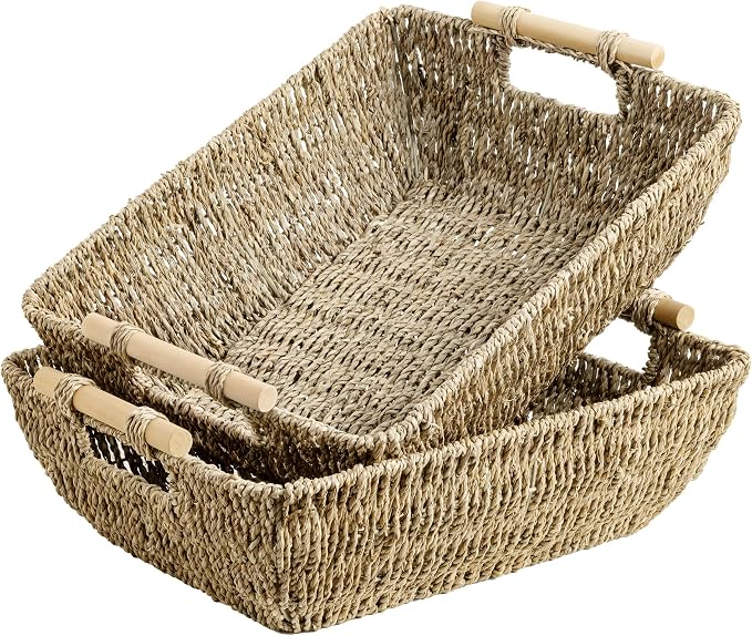 StorageWorks Hand-Woven Jumbo Storage Baskets with Wooden Handles, Seagrass Wicker Baskets for Organizing, 2-Pack by StorageWorks