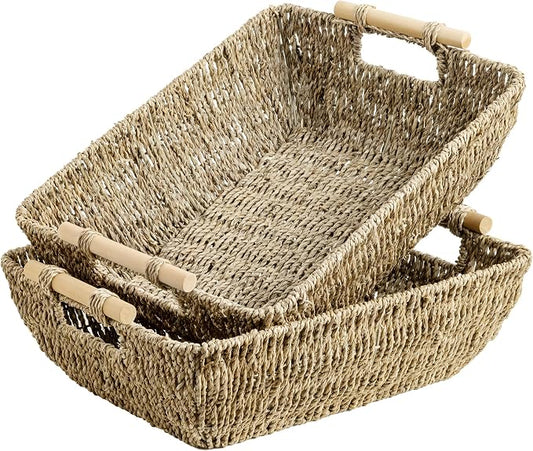 StorageWorks Hand-Woven Jumbo Storage Baskets with Wooden Handles, Seagrass Wicker Baskets for Organizing, 2-Pack by StorageWorks