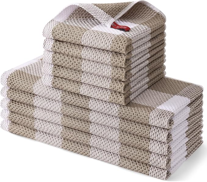 Homaxy Kitchen Towels and Dishcloths Set, Set of 10, White & Khaki | Bulk Cotton Waffle Weave Check Plaid Kitchen Towels, Super Soft and Absorbent Dish Cloths, 12 x 12 and 13 x 28 Inches by Homaxy
