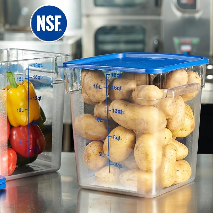 8-Pack 18 Qt NSF Clear Polycarbonate Food Storage Containers with Blue Lids - Square, Commercial-Grade, Freezer & Dishwasher Safe, Stackable - Image 3