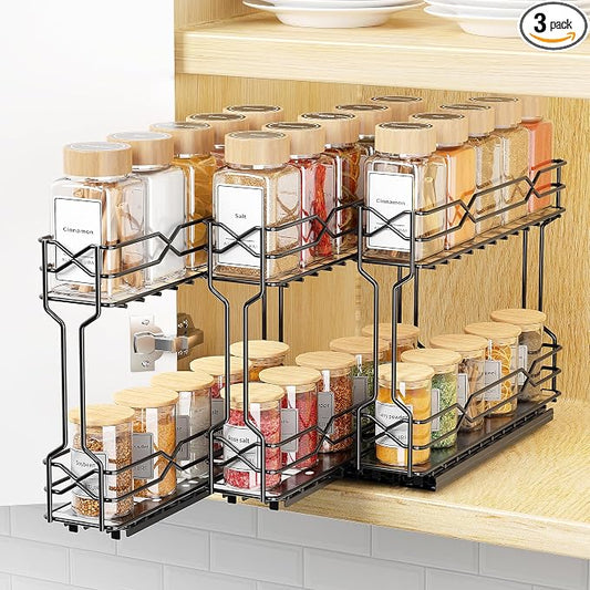 BOIVSHI Pull Out Spice Rack, Spice Organizer for Cabinet-2.3"W×10.5"D×9.7"H | 3 Pack Spice Racks for Inside Cabinets, Metal No Drill Install Spice Rack Organizer for Cabinet, Black by BOIVSHI