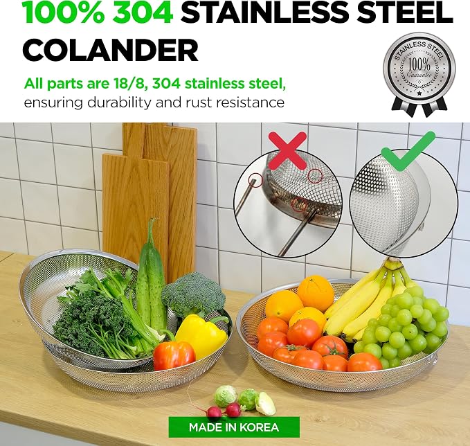 Premium 18/8 304 Stainless Steel Large Colander Set of 3, Comfortable Micro-Perforated Shallow Strainers, 5.5-7-10 Quart Tray Set, Self-Draining Solid Base for Pasta, Fruits, Vegetables - Image 2