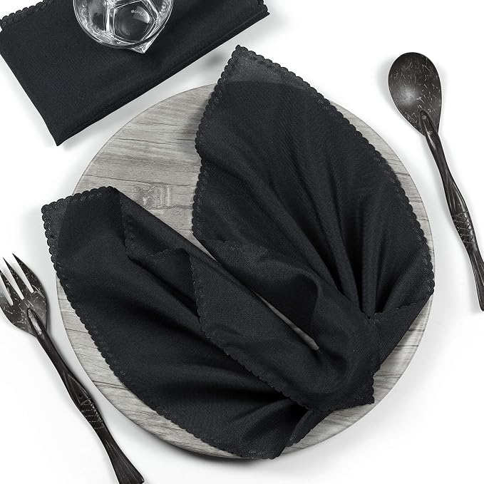 Pack of 12 Polyester Napkins 17 x 17 Inch Square with Scalloped Edge, Plain Washable Reusable Dining Table Cloth Napkin for Wedding Party Banquet Home Restaurant Bistro Decoration - Black by MDS