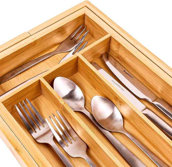 Berghoff Expandable 6 Slot Bamboo Flatware Organizer, Kitchen Cutlery Tray | Adjustable Wood Drawer Divider & Silverware Organizer, Adjusts 8.5 to 13.25 Inches, 6 Slot Utility Tray & Utensil Holder - Image 4