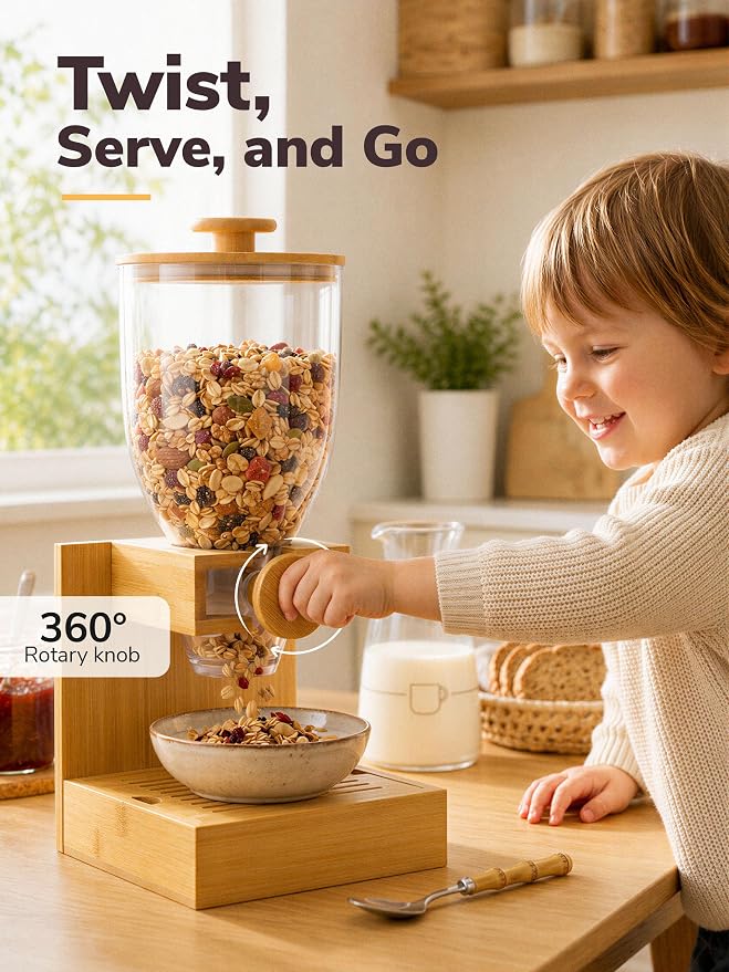 Bamboo Cereal Dispenser Countertop, 2L Airtight Single Pack | Cereal Containers Storage with Stable Base, Rotary Dry Food Dispenser for Cereal, Rice, Nuts, Kitchen Pantry Organization - Image 4