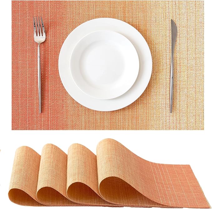 Leetaltree Gradient Burnt Orange Woven Placemats Set of 4 - Heat Resistant Non-Slip Fall Place Mats for Dining Table, Washable Durable PVC Vinyl Woven Table Mats(Gradient Orange-red, 4) by Leetaltree-ArtatEveryTable