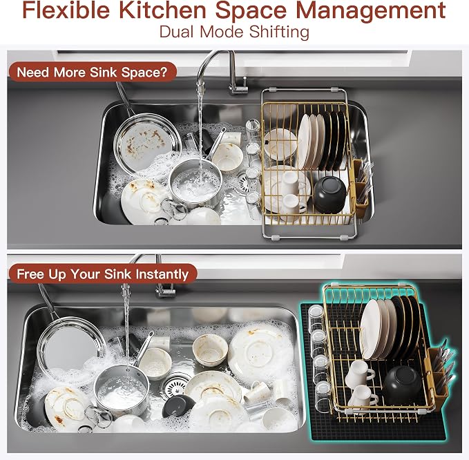 JASIWAY Gold Dish Drying Rack in Sink with Mat, Cups and Utensil Holder | Use Over the Sink or Counter, Stainless Steel Expandable Dish Drainer for Small Kitchen, Space Saving, Fast Drain, Rustproof - Image 4