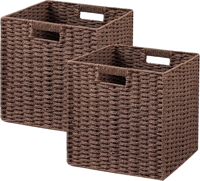 UBBCARE 2 Pack Wicker Basket, 11L×11H×10.5W inch Woven Paper Rope Storage Baskets for Shelves, Foldable Cube Storage bin with Handle, Storage Basket for Organizing & Decor, Brown by UBBCARE