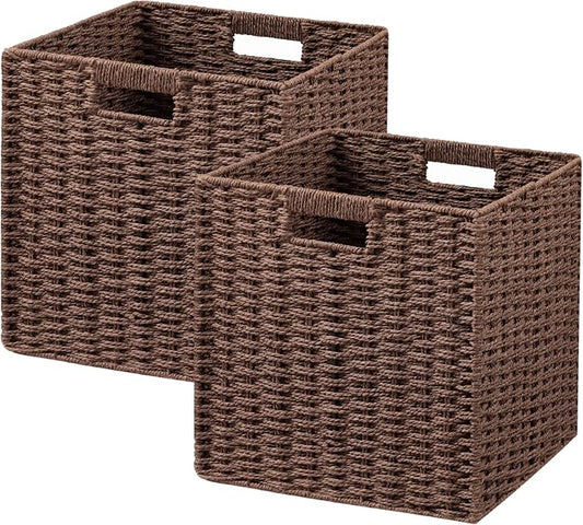 UBBCARE 2 Pack Wicker Basket, 11L×11H×10.5W inch Woven Paper Rope Storage Baskets for Shelves, Foldable Cube Storage bin with Handle, Storage Basket for Organizing & Decor, Brown by UBBCARE