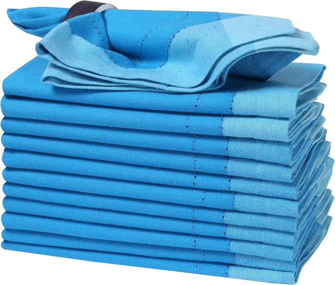 Bedding Craft Cotton Cloth Napkins Set of 12 – 20x20 Teal Blue Multi Double Hemstitched – Machine Washable Dinner Napkins for Weddings, Parties & Father’s Day Celebrations by BeddingCraft