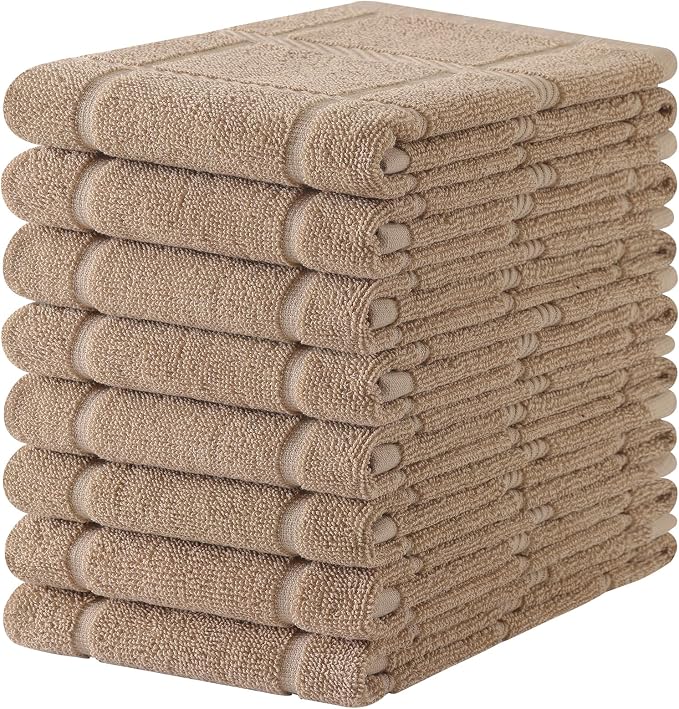Homaxy 100% Cotton Kitchen Towels 18"x28", 8 Pack Dish Towels, Khaki | Large 380 GSM Soft and Absorbent Kitchen Hand Towels with Terry Grid Design, Utility Tea Towel Set with Hanging Loop by Homaxy