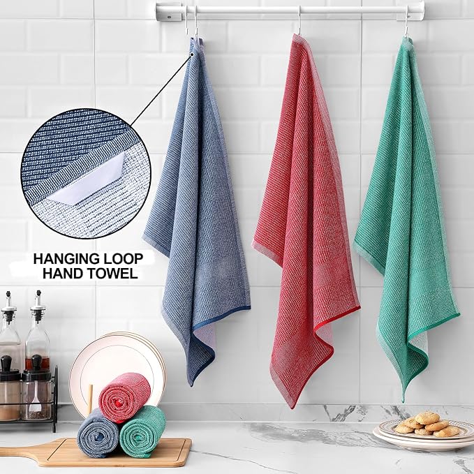 Homaxy 380 GSM Cotton Premium Kitchen Towels 6 Pack, 18"x 28", Mix | Flat and Terry Dish Towels, Highly Absorbent Tea Towel Set with Hanging Loop, Soft Kitchen Hand Towels, Navy/Red/Green - Image 3