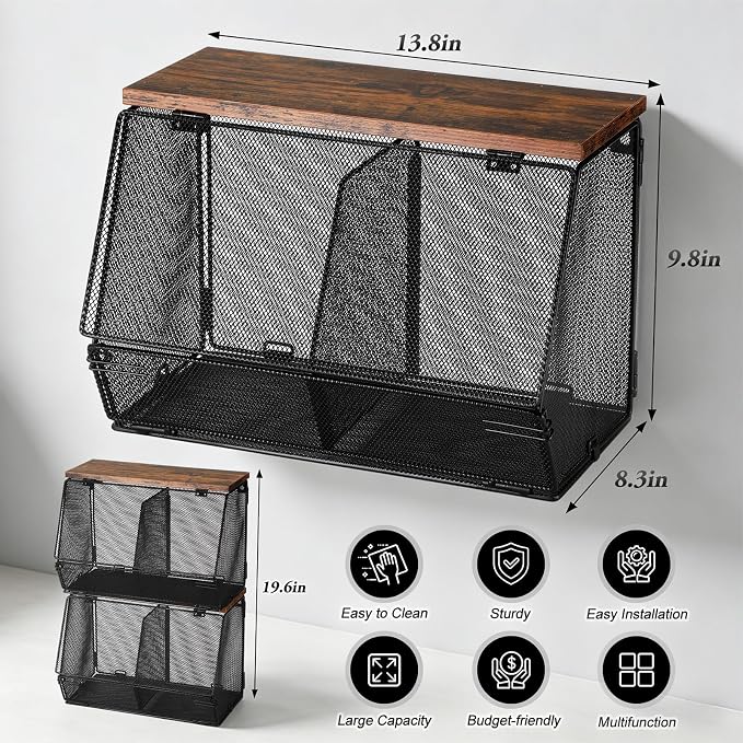 Teenyyou 2 Pcs Stackable Mesh Fruit Basket with Lid Wall Produce Vegetable Storage Basket Onion Potato Hanging Metal Wire Container for Kitchen Counter Pantry (Divided,Black,8.3"w & 13.8"L) - Image 2