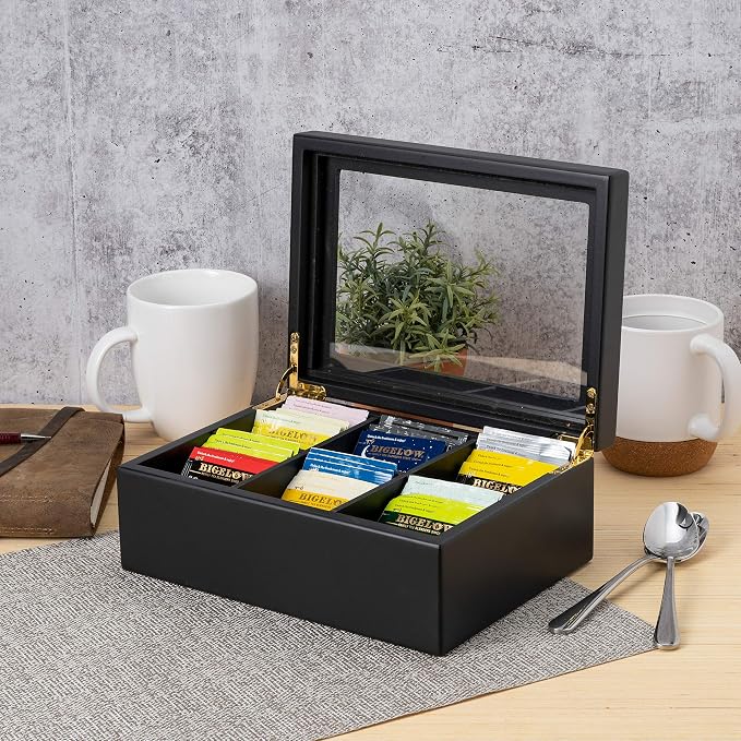 Break Tradition Wooden Tea Organizer For Tea Bags - 6 Compartments, Clear Top Window, Lid Stays Open (Black) - Image 8