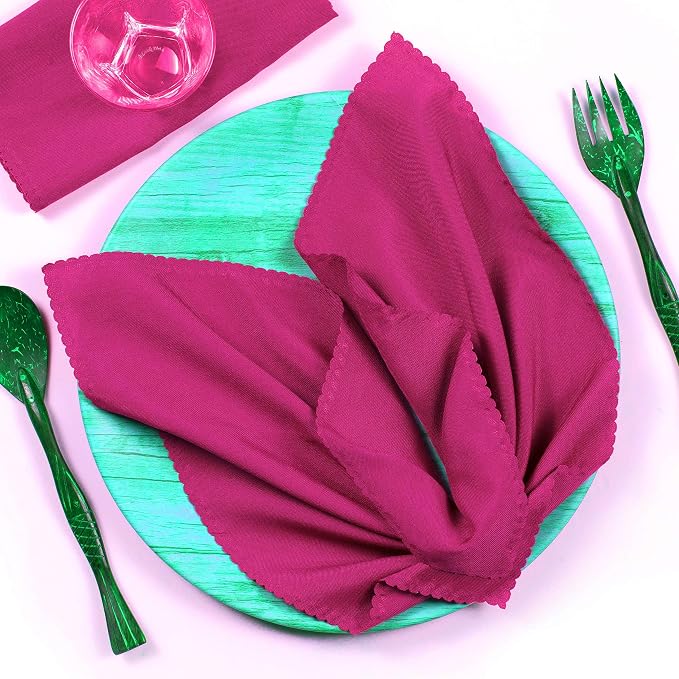 Pack of 50 Polyester Napkins 17 x 17 Inch Square with Scalloped Edge, Plain Washable Reusable Dining Table Cloth Napkin for Wedding Party Banquet Home Restaurant Bistro Decoration - Magenta by MDS