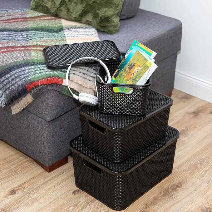 BranQ - Home essential Basket with Lid in Rattan Design, Set of 2, Size S 7 L, BPA-Free Plastic PP, Black, 28.5 x 19.5 x 12.9 cm, Pack of 2 - Image 3