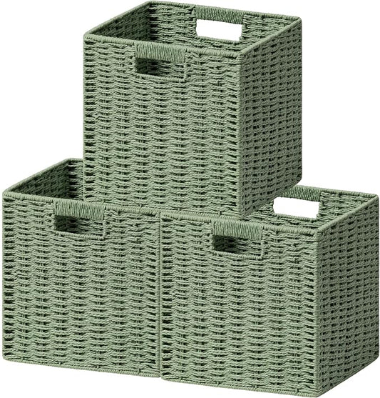 UBBCARE 3 Pack Wicker Basket, 11L×11H×10.5W inch Woven Paper Rope Storage Baskets for Shelves, Foldable Cube Storage bin with Handle, Storage Basket for Organizing & Decor, Green by UBBCARE