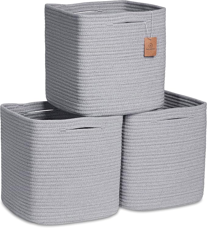 NaturalCozy Storage Cubes 11 Inch Cotton Rope Woven Baskets for Organizing, 3-Pack | Cube Storage Bin | Square Storage Baskets for Shelves Organizer, Classroom, Kids Toy Bins, Closet, Baby Nursery by NaturalCozy