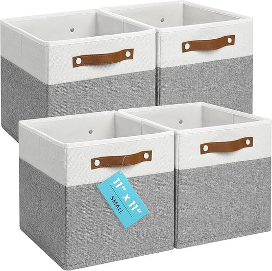 OrganiHaus 11x11 Cube Storage Bins, Set of 4 - Fabric Storage Cubes | Sturdy, holds its shape; odor-free; fits ClosetMaid 11-inch shelves; vegan leather handles by OrganiHaus