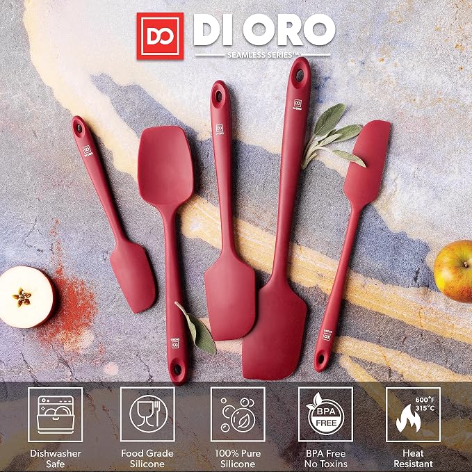 DI ORO Silicone Spatula Set - Rubber Kitchen Spatulas for Baking, Cooking, & Mixing - 600°F Heat-Resistant & BPA Free Silicone Scraper Spatulas for Nonstick Cookware - Dishwasher Safe (5pc, Red) - Image 4