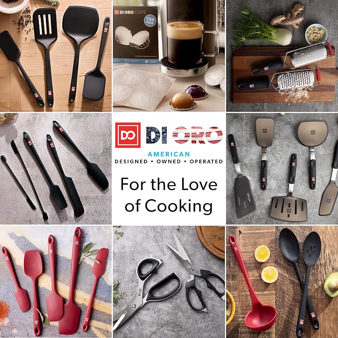DI ORO Seamless Series 7-Piece Silicone Utensil Kitchen Set - 600°F Heat-Resistant Rubber Cooking and Baking Tools - Food Grade, BPA Free, and LFGB Certified Silicone - 5 Spatulas and 2 Spoons (Black) - Image 9