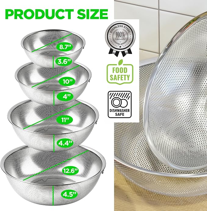 Premium 18/8 304 Stainless Steel Micro-Perforated Small and Big Colander Set of 4 with rings - 3.5-5.5-7.5-9.5 Quart Set, Self-Draining Solid Base for Pasta, Fruits, Vegetables - Image 5