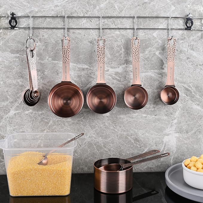 Copper Measuring Cups and Spoons Set 14, Stainless Steel Measure Cups and Spoons Set for Baking & Kitchen, 6 Metal Metric Measuring Cups and 7 Measuring Spoons 1 Leveler for Dry & Liquid - Image 9