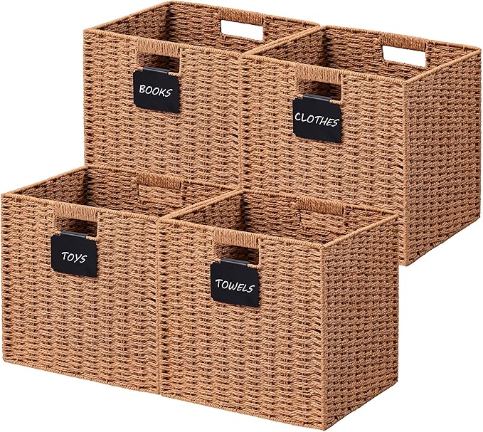 UBBCARE 4 Pack Wicker Basket, 12×12 Storage Cubes with Label, Foldable Cube Storage Bin with Handle, Square Storage Basket for Shelves, Woven Paper Rope Basket for Organizing, Caramel by UBBCARE
