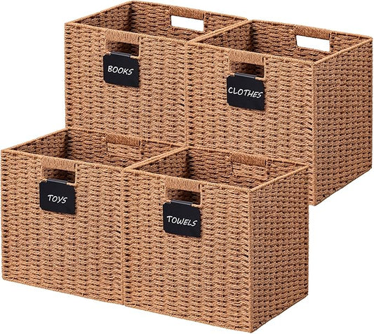 UBBCARE 4 Pack Wicker Basket, 12×12 Storage Cubes with Label, Foldable Cube Storage Bin with Handle, Square Storage Basket for Shelves, Woven Paper Rope Basket for Organizing, Caramel by UBBCARE