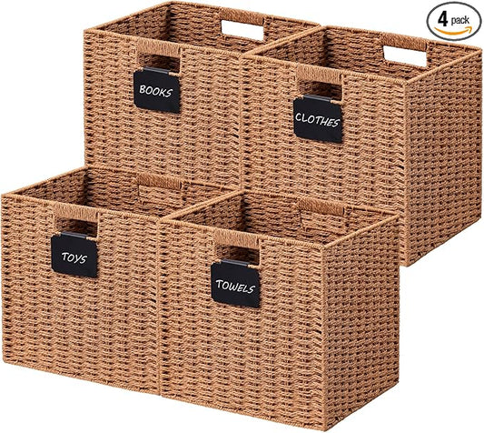 UBBCARE 4 Pack Wicker Basket, 13×13 Storage Cubes with Label, Foldable Cube Storage Bin with Handle, Square Storage Basket for Shelves, Woven Paper Rope Basket for Organizing, Caramel by UBBCARE