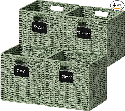 UBBCARE 4 Pack Wicker Basket, 12×12 Storage Cubes with Label, Foldable Cube Storage Bin with Handle, Square Storage Basket for Shelves, Woven Paper Rope Basket for Organizing, Dark Green by UBBCARE