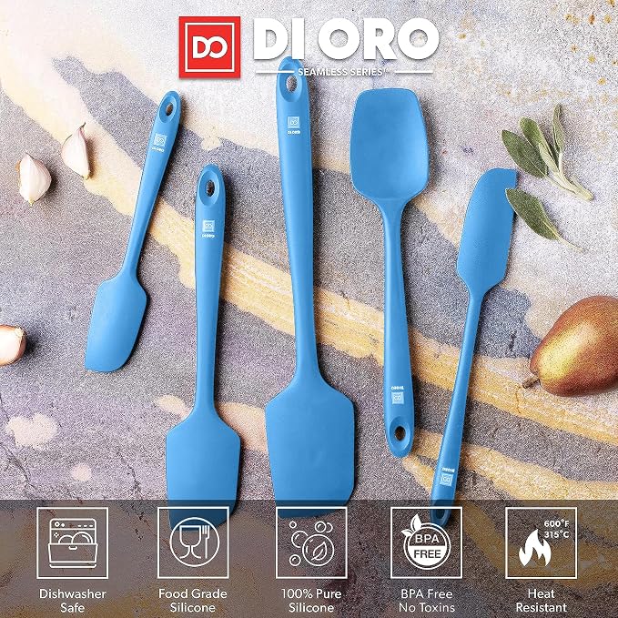 DI ORO Silicone Spatula Set - Rubber Kitchen Spatulas for Baking, Cooking, & Mixing - 600°F Heat-Resistant & BPA Free Silicone Scraper Spatulas for Nonstick Cookware - Dishwasher Safe (5pc, Blue) - Image 3